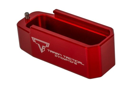 The Taran Tactical AR15 PMAG extension features a red anodized finish